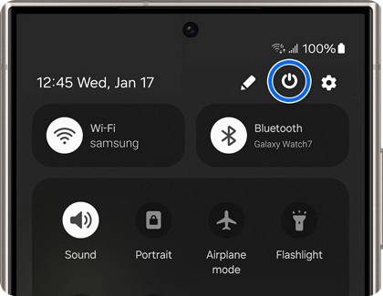 Samsung phone Quick Settings panel displaying various icons including WiFi, Bluetooth and the Power icon.