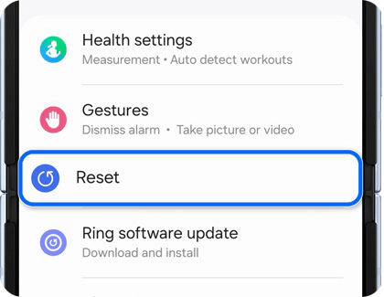 Screenshot of the Galaxy Wearable app showing the menu with the 'Reset' option highlighted within the settings.