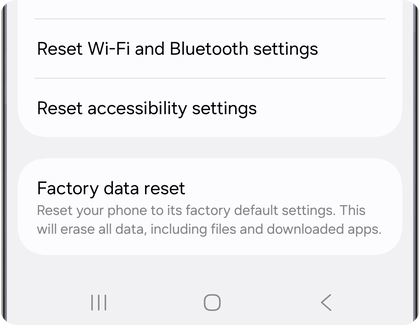 Reset menu on a Samsung Galaxy device showing the Factory data reset option.