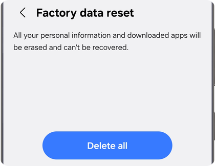 Factory data reset menu on a Samsung Galaxy device showing the Delete all option.