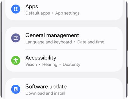 Settings menu on a Samsung Galaxy device showing the General management option.