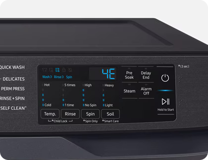 The control panel of a Samsung washer is displaying a 4E error code.
