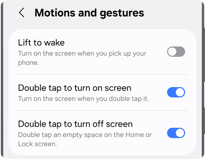 Motions and gestures settings showing Lift to wake turned off and Double tap features turned on.