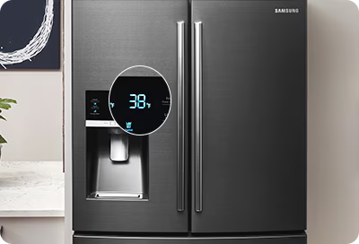Fridge display showing 38°F on a Samsung French door refrigerator.