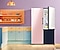 Samsung refrigerator with the fridge door open, showing organized and chilled food inside.