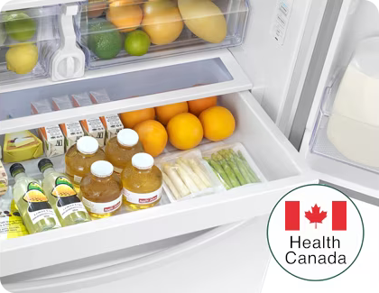 Fresh food organized inside a Samsung refrigerator with a Health Canada logo.
