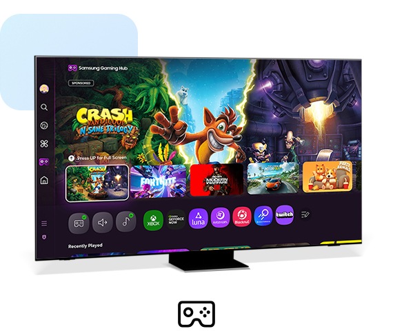 Samsung Smart TV displaying the Gaming Hub home screen with various games available.