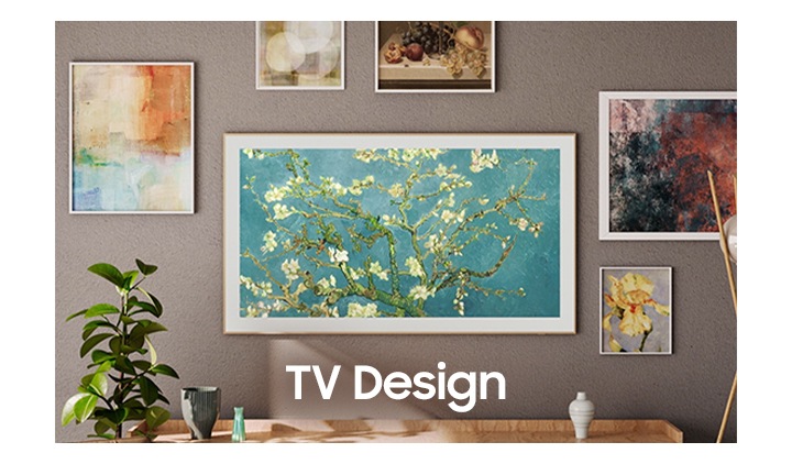 The Frame TV is hanging on a wall, accompanied by an array of picture frames, serving as a visual testament to TV Design.