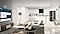 A mostly white open concept family room, kitchen and dining room containing various smart home devices such as a Smart TV, smart lamp and refrigerator located throughout the home.