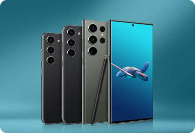 Samsung Galaxy phones shown in black and green, with an S Pen resting against the Ultra model.