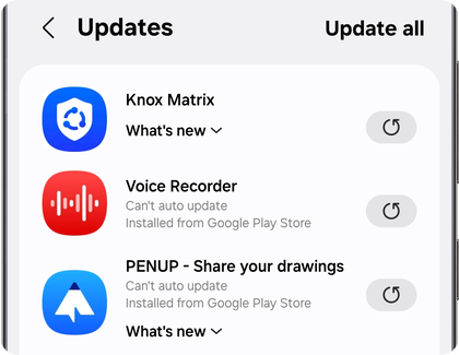 List of apps in the Galaxy Store on a Samsung Galaxy phone showing circular Update icons next to each app.