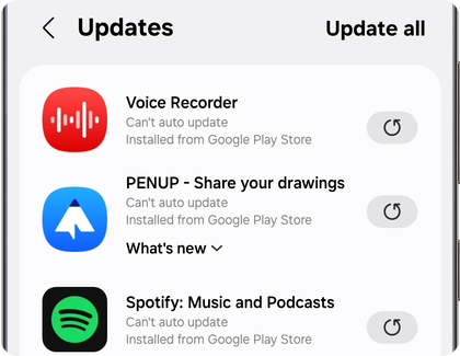 Galaxy Store Updates screen on a Samsung Galaxy showing the Update all option in the top right corner above a list of apps.