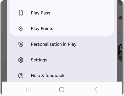 Play Store menu on a Samsung Galaxy phone showing the Settings option near the bottom of the list.