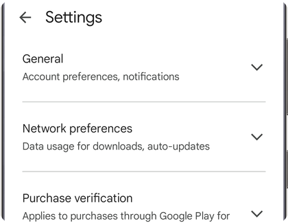 Play Store Settings screen on a Samsung Galaxy phone showing Network preferences listed below General.