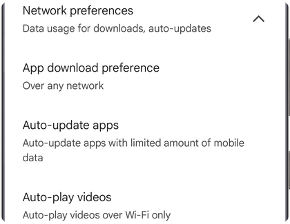Network preferences screen in the Play Store on a Samsung Galaxy phone settings showing the Auto-update apps option.