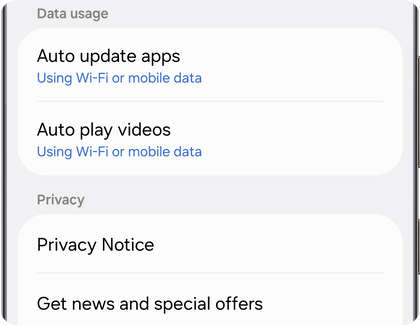 Galaxy Store settings screen on a Samsung Galaxy phone showing the Auto update apps option under Data usage.