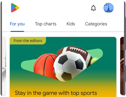 Play Store home screen on a Samsung Galaxy phone showing the Profile icon in the top right corner.