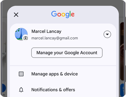 Play Store menu on a Samsung Galaxy phone showing the Manage apps & device option below account details.