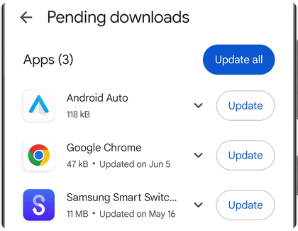 List of apps with individual Update buttons and an Update all option at the top on a Samsung Galaxy phone.