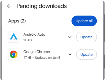 Pending downloads screen in the Play Store on a Samsung Galaxy phone showing the Update all button above a list of apps.