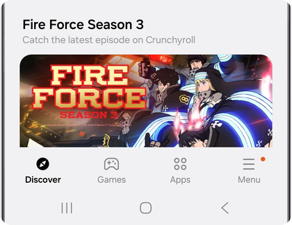 Galaxy Store home screen on a Samsung Galaxy phone showing the Menu button in the bottom right corner.
