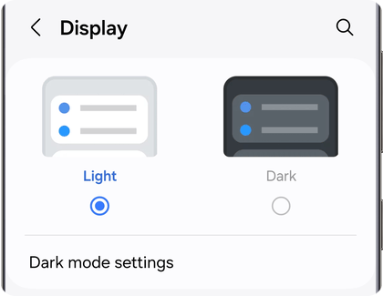 Display settings on a Samsung Galaxy phone with options for Light and Dark themes, with Light selected.