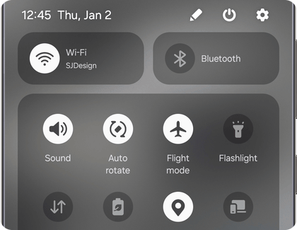 Quick Settings panel on a Samsung Galaxy phone, showing icons for Wi-Fi, Bluetooth, Sound, Auto rotate, Flight mode, and Flashlight.