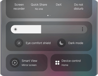 Quick Settings panel of a Samsung Galaxy phone, featuring icons for Eye comfort shield and Dark mode.