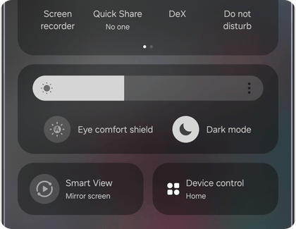 Quick Settings panel on a Samsung Galaxy phone with the Dark mode icon active, indicating the feature is turned on.