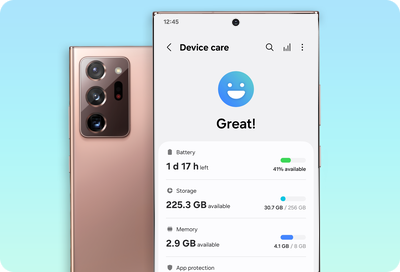 Device care screen showing battery, storage, and memory status on a Galaxy phone.