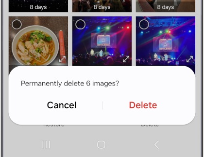 Trash folder of the Gallery app on a Samsung Galaxy with a pop-up window displaying the option 'Delete'.