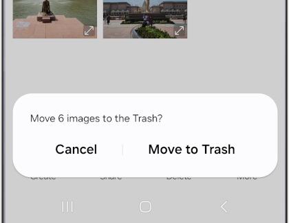 Home screen of the Gallery app on a Samsung Galaxy with a pop-up window displaying the option 'Move to Trash'.