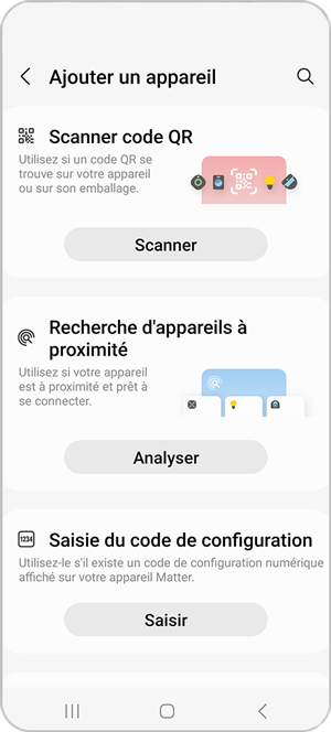 L'onglet Ajouter un appareil de l'application SmartThings est affiché.