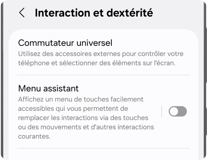 Paramètres du menu Interaction et dextérité sur un téléphone Samsung Galaxy montrant certaines des fonctions disponibles.