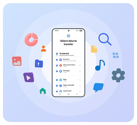 Un téléphone intelligent affiche l’écran Sélectionner les données à transférer. Diverses icônes d’appli se trouvent autour du téléphone, indiquant le type de données qui peuvent être transférées via Smart Switch.