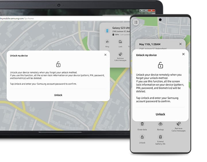Un ordinateur portable et un téléphone affichent l’écran Find My Mobile, et la fenêtre Déverrouiller mon appareil pour montrer que les deux peuvent activer cette fonction.