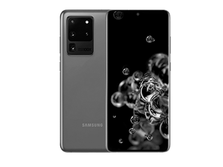 Vues arrière d’un Galaxy S20 rose nuage, d’un Galaxy 20+ bleu nuage et d’un Galaxy S20 Ultra gris cosmique se chevauchant. Les produits sont présentés de chaque côté avec le S20 en bas, à gauche