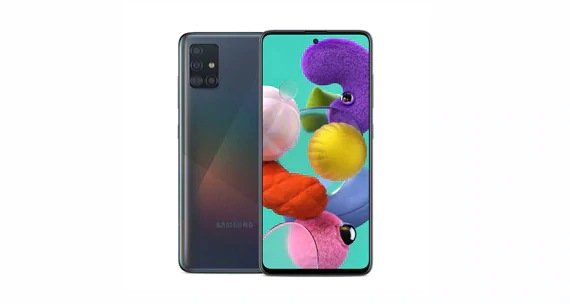 Vue avant et arrière d’un téléphone intelligent Galaxy A51 gris foncé se superposant d’un côté à l’autre