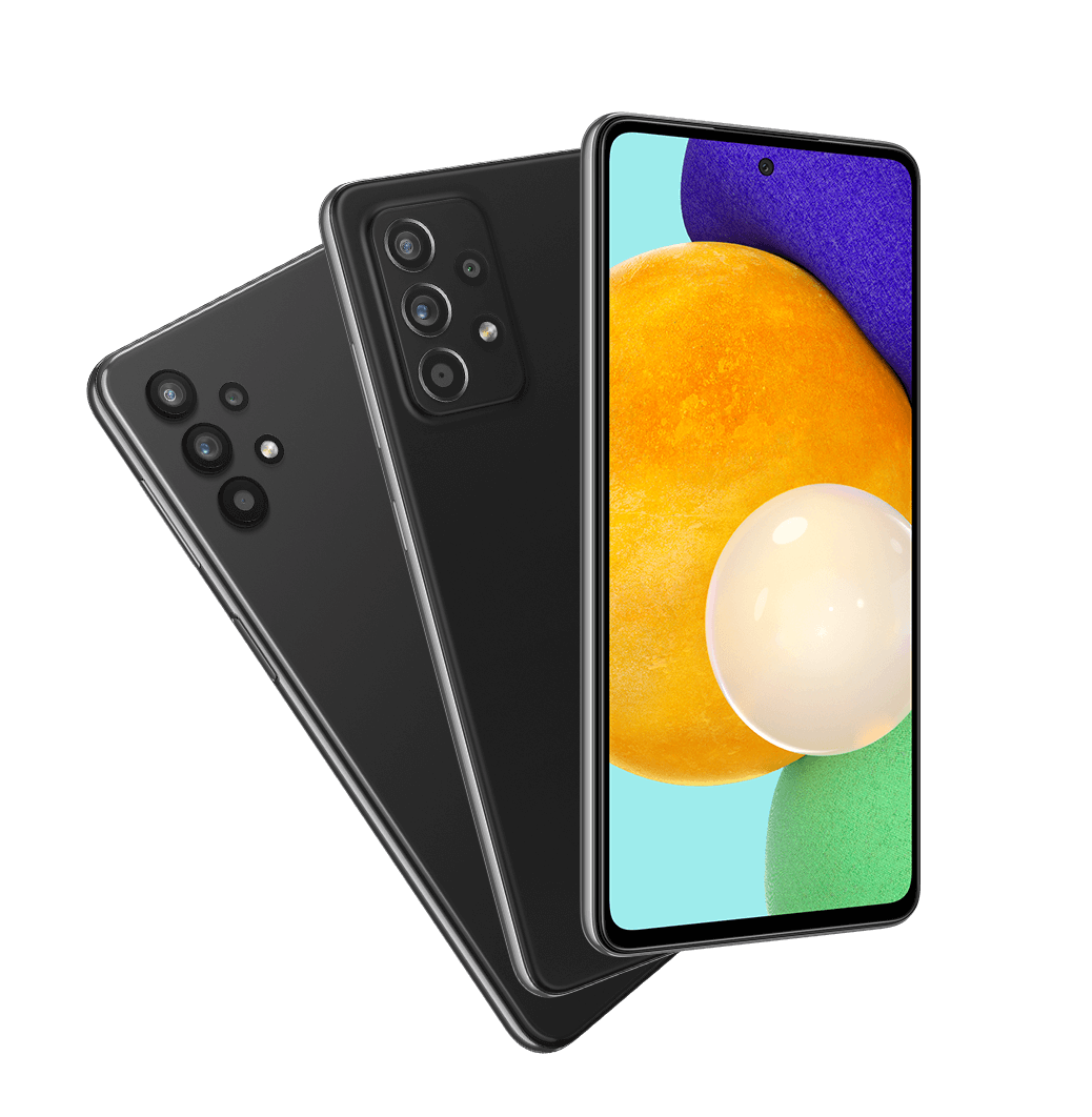 Quatre téléphones Galaxy A52 en Awesome White, Awesome Black, Awesome Purple et Awesome Blue se sont déployés et vus de l'arrière.