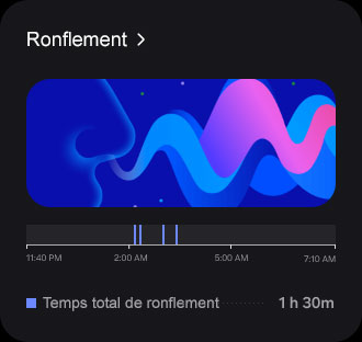 L’IUG du ronflement apparaît. Vous trouverez ci-dessous le temps de ronflement total (1 heure et 30 minutes).