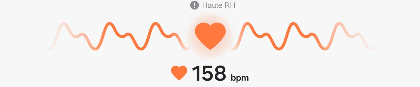 Une icône de cœur au milieu bat pour indiquer le rythme cardiaque. En arrière-plan se trouve la ligne du moniteur de fréquence cardiaque qui se déplace selon le rythme cardiaque. Vous trouverez ci-dessous le rythme cardiaque en BPM ainsi qu’une petite icône de cœur, qui change en fonction du rythme cardiaque. Un message d’alerte de fréquence cardiaque élevée s’affiche à mesure que le BPM augmente.