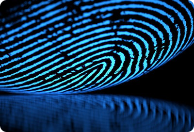 Empreinte digitale en gros plan éclairée en bleu.