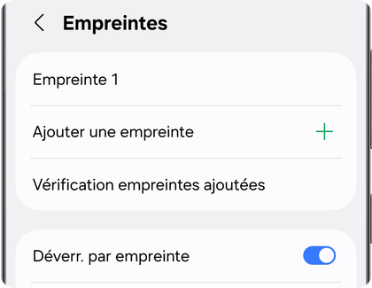 Écran des empreintes sur un Samsung Galaxy affichant l’option Ajouter une empreinte.