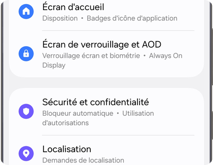 Menu des paramètres sur un Samsung Galaxy affichant l’option Écran de verrouillage et AOD.
