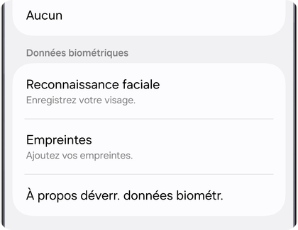 Menu de verrouillage écran et biométrie sur un Samsung Galaxy affichant l’option Empreintes.