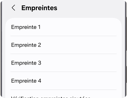Écran des empreintes sur un Samsung Galaxy affichant une liste de quatre empreintes enregistrées.
