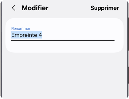 Écran de modification d’une empreinte sur un Samsung Galaxy avec l’option Supprimer en haut à droite.