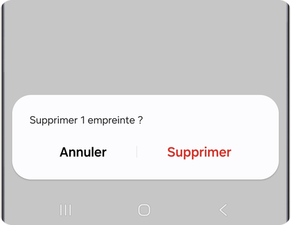 Écran de confirmation de suppression d’empreinte sur un Samsung Galaxy avec les options Annuler et Supprimer.