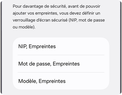 Écran de configuration sur un Samsung Galaxy proposant de définir un NIP, un mot de passe ou un modèle avant d’ajouter des empreintes.
