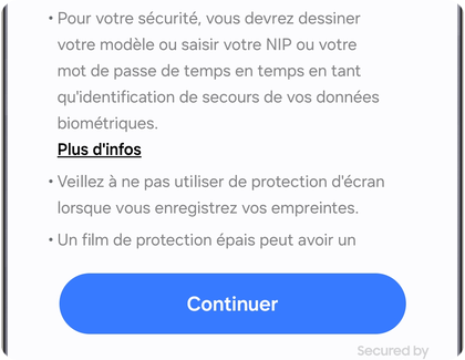Écran d’instructions sur un Samsung Galaxy avant l’enregistrement des empreintes, avec le bouton Continuer.